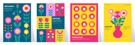 Geometric flowers postcard. Abstract floral spring summer pattern for background design, modern banners with geometry flower leaves and bouquet in vase. Vector floral posters setのイラスト素材