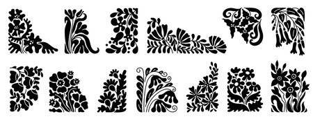 Groovy floral borders. Abstract flower frame element with decorative botanic silhouettes, retro minimal boho leaf plant corner vintage design. Vector naive flourish setのイラスト素材