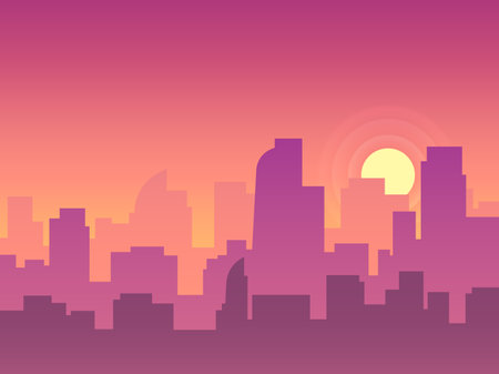 Purple and orange gradient sunset over a modern city skyline with skyscrapers and office buildings creating a vibrant and colorful urban landscapeのイラスト素材