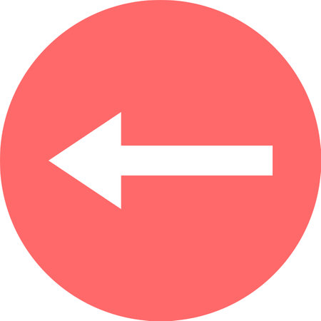 White arrow pointing to the left, contained in a red circle, representing direction, navigation, or a return command, suitable for various digital and print applicationsのイラスト素材
