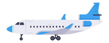 Passenger airplane with blue and gray elements standing on the ground, side view of a modern aircraft parked on the runway or in the hangar, concept of commercial aviation and air travelのイラスト素材