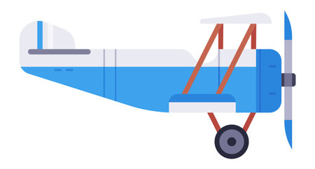 Colorful biplane soaring through a bright blue sky, showcasing a striking blue fuselage, pristine white wings, and a charming wooden frame connecting the upper and lower wingsのイラスト素材