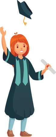 Happy graduating student wearing gown and holding diploma, throwing graduation cap in the air, celebrating academic achievement and successful completion of studiesのイラスト素材