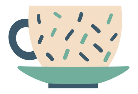 Simple vector illustration of a beige teacup decorated with dark and light green sprinkles, placed on a green saucer, representing a cozy and comforting beverageのイラスト素材