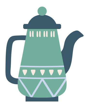 Green teapot with blue lid, handle and decorations, isolated on a white background, representing scandinavian design, perfect for tea loversのイラスト素材