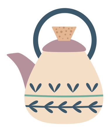 Beige teapot featuring a cork lid, adorned with a purple handle and spout, showcasing floral decorations in blue and light green, isolated against a white backgroundのイラスト素材