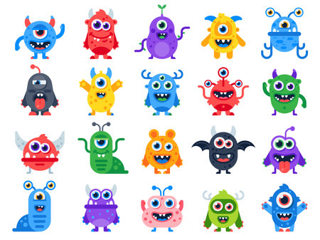 Cute monster characters set, flat cartoon vector illustration isolated on white background.のイラスト素材