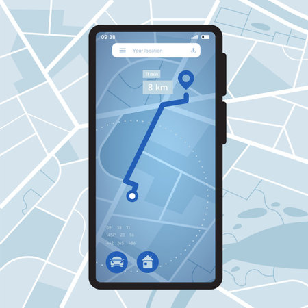 Phone navigator map. Smartphone GPS application with city map, location tracking and route navigation UI. Vector mobile device with mapping softwareのイラスト素材