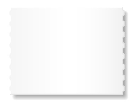 Blank white ticket or coupon with serrated edges casting a shadow on a white background, ideal for showcasing designs or text related to events, promotions, or travelのイラスト素材