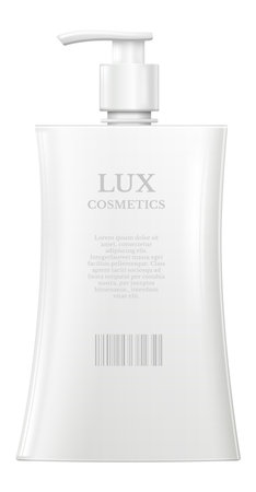White cosmetic dispenser bottle with pump dispenser and barcode standing on white background is a perfect template for showcasing cosmetic productsのイラスト素材
