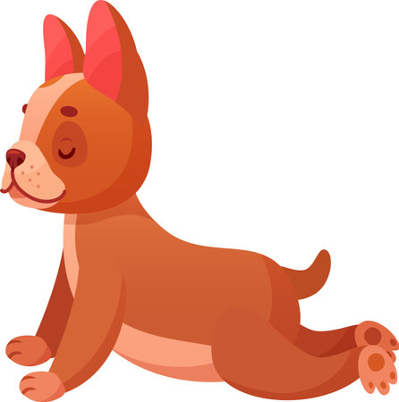 Playful brown puppy doing yoga exercises, stretching its body, enjoying its time, healthy lifestyle for pets, adorable canine friend, vector illustrationのイラスト素材