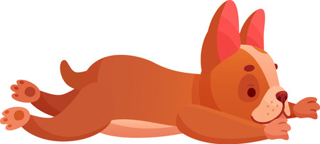 Adorable brown French bulldog puppy lying down and stretching its paws, playfully waiting in a cheerful pose, isolated on a bright white background, illustrated in a charming cartoon styleのイラスト素材