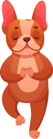 Brown french bulldog with closed eyes practicing yoga, meditating in tree pose, holding paws together, standing on one leg, finding inner peace and balance, cartoon vector illustrationのイラスト素材