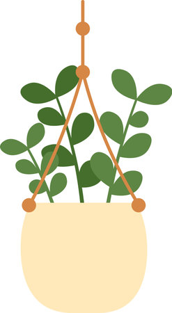 Illustration of a green plant with round leaves in a beige hanging pot. The design features a simple, minimalist style with a focus on natural decor and indoor gardeningのイラスト素材