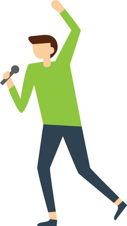 Young male singer performing live on stage, holding a microphone and raising an arm in excitement, captured in a full body illustration against a clean white backgroundのイラスト素材