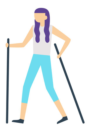 Purple haired sportswoman practicing nordic walking with two poles, enhancing fitness levels and enjoying the beauty of outdoor activity while embracing a healthy lifestyleのイラスト素材