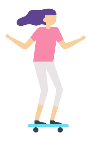 Minimalist illustration of a female skater balancing on a skateboard with arms outstretched, enjoying the ride with purple hair flowing in the windのイラスト素材
