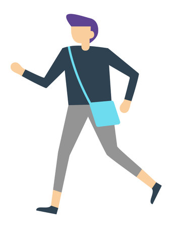 Stylish male student with vibrant purple hair, dressed in casual attire, walking confidently to university while carrying a light blue shoulder bag, embodying a modern, youthful lifestyleのイラスト素材