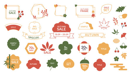 Japanese autumn frame. Traditional oriental leaves branches flowers ornaments titles for card banner framing design. Modern minimalistic japanese style vector illustrationのイラスト素材