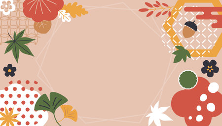 Japanese autumn background. Traditional asian style with ornamental falling leaves, elegant frame template for autumn season card design. Vector framing illustrationのイラスト素材
