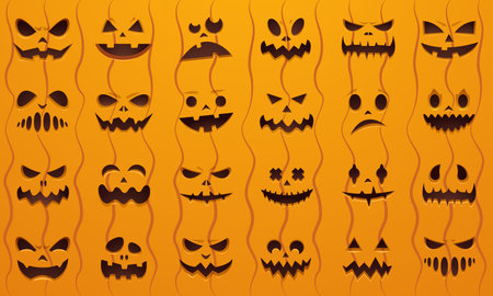 Halloween face. Cartoon pumpkin with scary and evil ghost face, horror spooky traditional jack symbols with angry eyes and mouth for pumpkin carvings. Vector Halloween collectionのイラスト素材