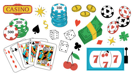 Casino sticker set. Cartoon game badges for advertisement, money cards and slot machine icons for gambling promotion, trendy casino stickers for online marketing. Vector collectionのイラスト素材