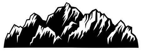 Mountain range silhouette. Black rocky peaks panoramic view, monochrome mountain ridge climbing outdoor activity concept. Vector mountains illustrationのイラスト素材