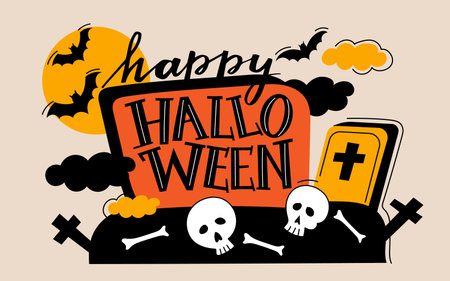 Halloween lettering banner. Scary holiday cartoon elements with text skulls, crosses, bats, spooky October party poster with horror decoration. Vector Halloween illustrationのイラスト素材