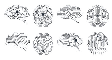 Circuit board brain. Technical thinking concept with microchip brain, brain with electronic circuitry. Vector cyberpunk human brain isolated on white backgroundのイラスト素材