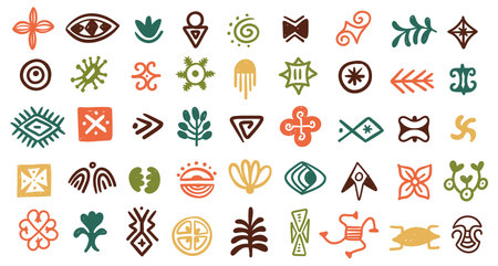 African tribal symbols. Geometric abstract ethnic folk decorative shapes, traditional indigenous decorative elements. Vector tribal African isolated collectionのイラスト素材