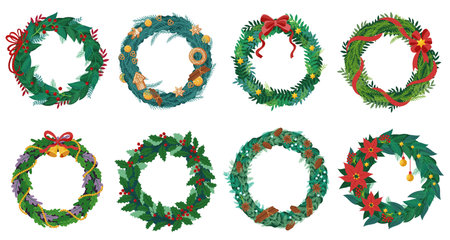 Christmas wreath. Decorative winter circle with holly leaves and red berries, cartoon Xmas traditional symbol for door decoration and greeting card. Vector wreaths setのイラスト素材