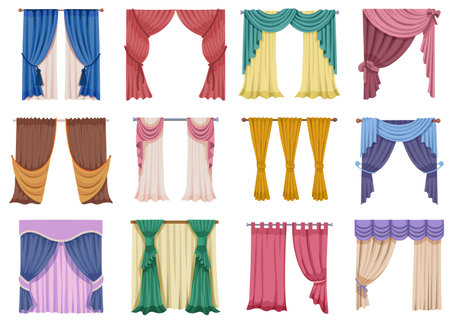 Cartoon curtains. Living room decor, modern decorative drapery different types, classic home interior elements, flat luxury room window decor. Vector curtains setのイラスト素材