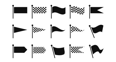 Checkered flag and racing icons for motorsport victory, speed rally competition, win or podium finish in race event. Navigation waving flag pins, wayfinding pennant symbols vector isolated setのイラスト素材