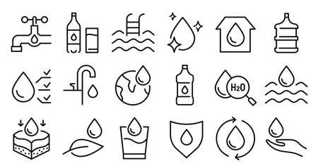 Water line icons. Eco clean water drop shield, faucet and plumbing, hydration and filtration, swimming pool, sea wave and aqua liquid symbols. Outline droplet for drink purity quality. Vector setのイラスト素材