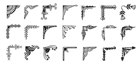 Hand drawn corners with ornament filigree scrolls and art nouveau flourishes vintage borders, retro invitation trim, baroque scrapbook label. Vector black silhouettes for lace edging, ornate dividerのイラスト素材