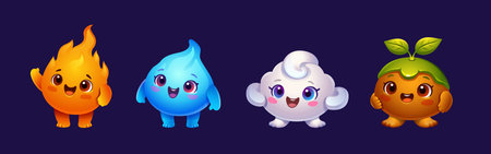 Water, fire and air, earth four elements mascot. Aqua blue drop, flame and cloud, soil cartoon kawaii character. 4 cool cute smiling face emoji, nature chibi emoticon. Magic fantasy energy vector setのイラスト素材