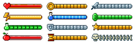 Pixel progress bar. 8bit retro arcade game status indicator, rpg gaming pixelated interface. Health meter, stamina or energy level, weapon and coin symbols. Potion, shield and heart, skull vector setのイラスト素材