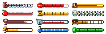 Pixel progress bar. 8bit 80s arcade game status indicator, rpg gaming pixelated UI. Health meter, energy level, hourglass and food symbols. Emerald, helmet and treasures chest, skull. Vector setのイラスト素材