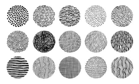 Doodle round pattern. Hand drawn abstract organic, geometric, halftone graphics textures. Scandinavian scribble minimalist dotted, wavy striped, grunge freehand boho trendy spiral stroke vector setのイラスト素材