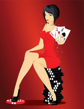 A woman sits with the cards in their hands のイラスト素材