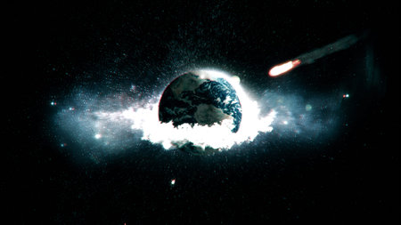 The meteorite destroys the planet earth and all life.