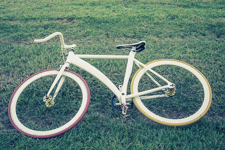 Young hipster style man posing with bicycle on grassの写真素材