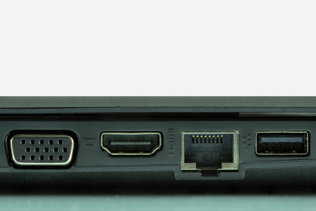 USB 3.0, LAN and graphic ports of laptop computerの写真素材