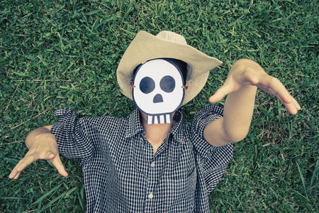 Little girls farmer play Halloween vintage stye.selective focusの写真素材