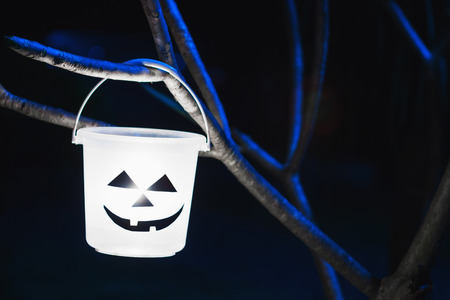 light in Halloween bucket on the tree bluedark toneの写真素材