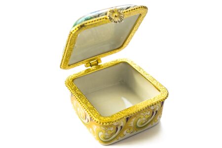 Enamelled opened empty box isolated over whiteの写真素材