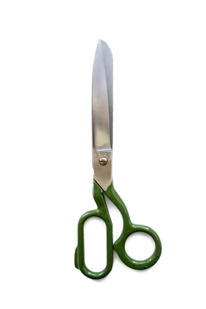 Massive metallic scissors isolated on white backgroundの写真素材