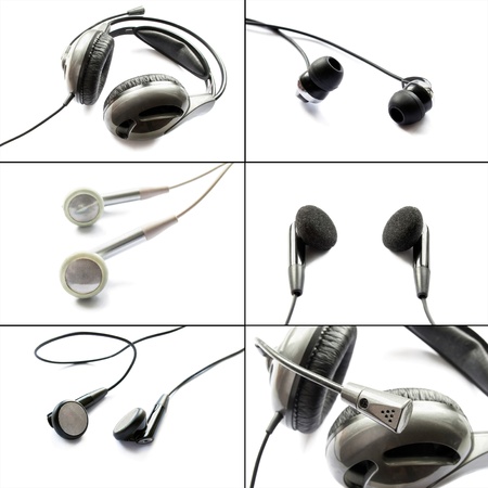 Set of different headphones isolated over whiteの写真素材