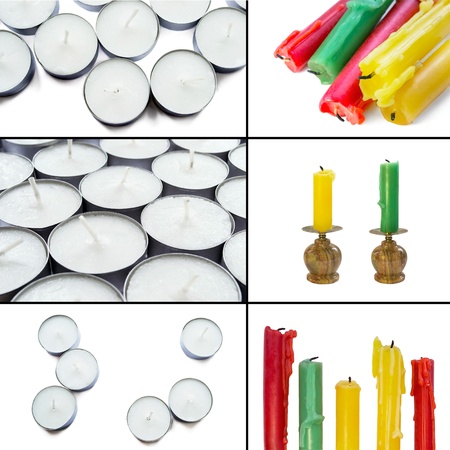 Set of white tea lights and colored candlesの写真素材