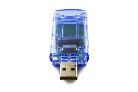 Blue transparent USB flash drive isolated on white background